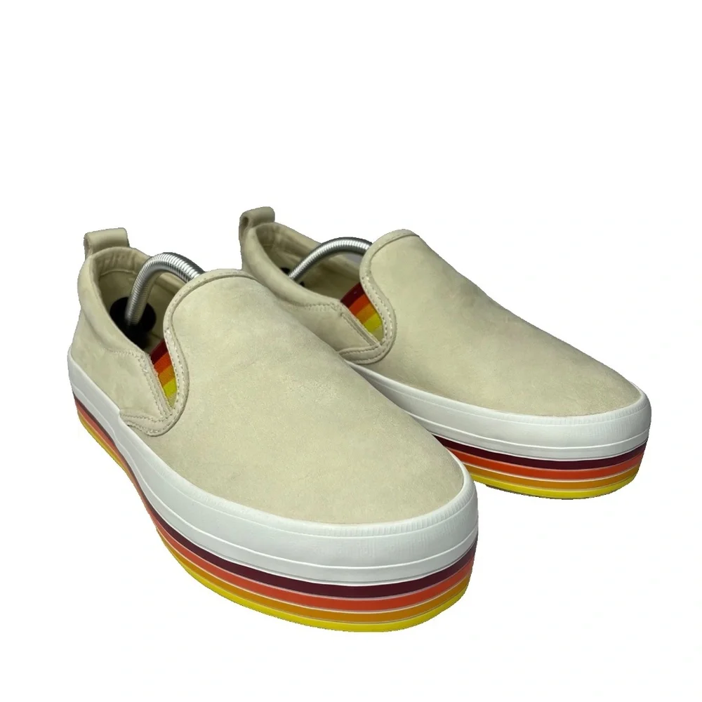 Sperry Top Sider Boat Shoes Womens 7.5 Tan Rainbow Pride Slip On Leather Sneaker